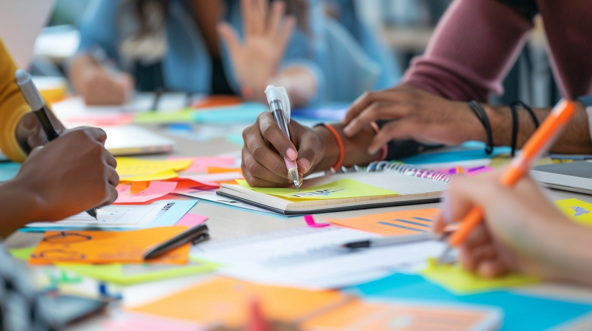 Nahaufnahme von Händen, die Post-its auf einem Workshop-Board sortieren